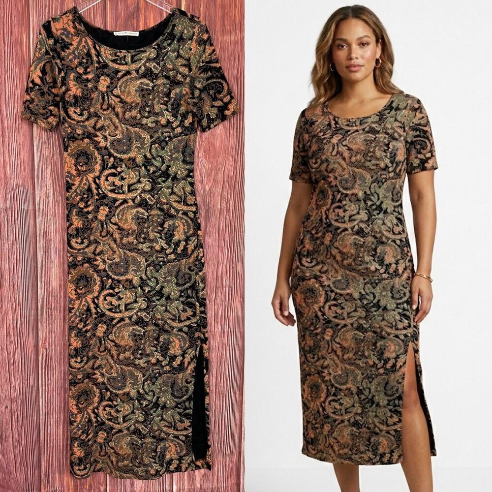 Peruvian Connection Black Print Maxi Dress Cotton Blend Short Sleeve Size Small